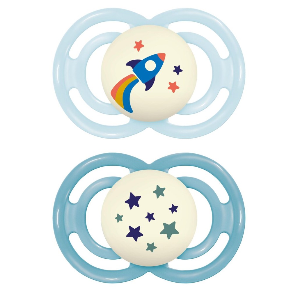MAM Perfect Night Baby Pacifier, Patented Nipple, Glows in The Dark, 2 Pack, 16+ Months, Blue/Boy