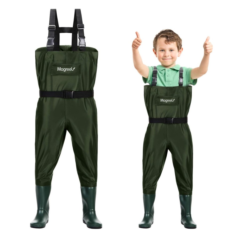 Magreel Kids Chest Waders Waterproof Nylon/PVC Youth Waders with Boots Fishing & Hunting Waders for Toddler & Children, Boys & Girls, Army Green, 12/13 year.