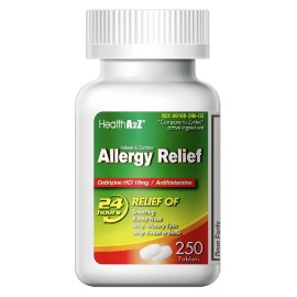 HealthA2Z Allergy Relief | Cetirizine 10mg | All Day Allergy Relief | Indoor & Outdoor | Relief from Itchy Throat, Sneezing, Runny Noses (250 Count (Pack of 1))