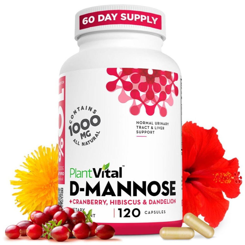 Plantvital D Mannose Capsules with Cranberry - D-mannose 1000mg Capsules - High Potency for Bladder, Kidney and Urinary Tract Support. Cranberry Powder with Hibiscus and Dandelion. 2 Months Supply