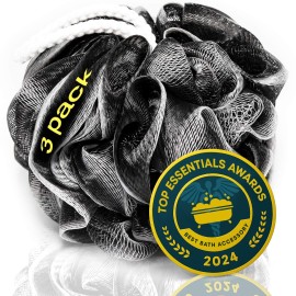 XXL 90g Charcoal Shower Loofah 3 Pack by Tilcare - Perfect Bath Sponge for Exfoliating for Men & Women - Body Scrubber Brush for Cleansing and Smooth Skin - Scrubbies That Remove Excess Oil and Dirt