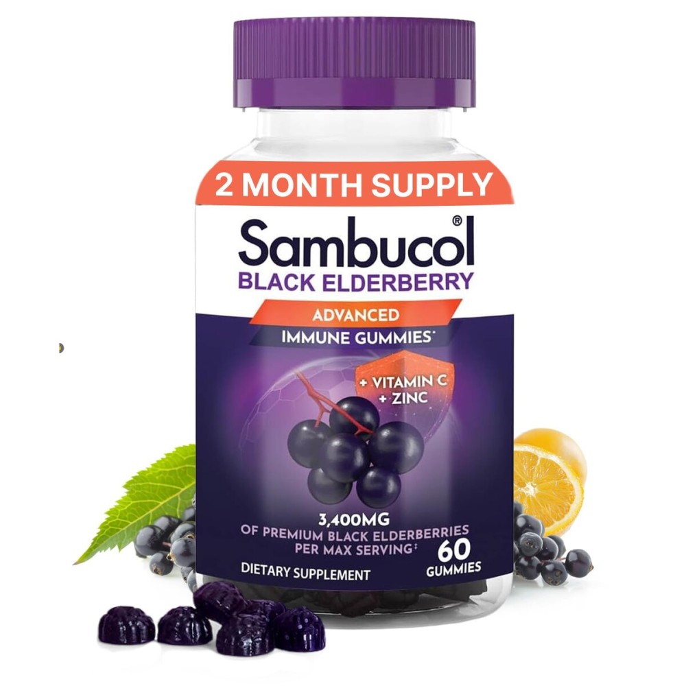 Sambucol Black Elderberry Gummies - Elderberry with Zinc and Vitamin C for Adults, Sambucus Gummies, Immune Support - 60 Count