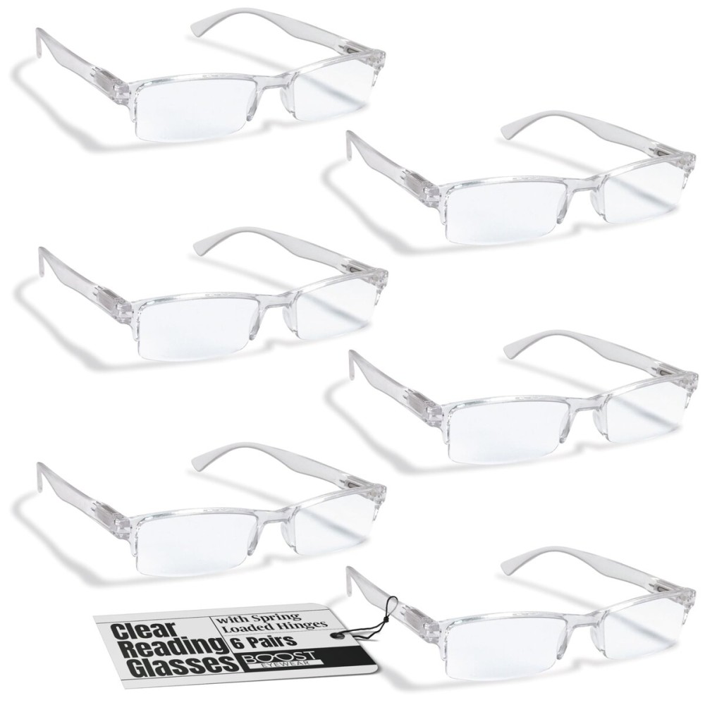 Boost Eyewear 6 Pack Reading Glasses, Clear Half Rim Frames, for Men and Women, with Comfort Spring Loaded Hinges, Clear, 6 Pairs (+1.50)