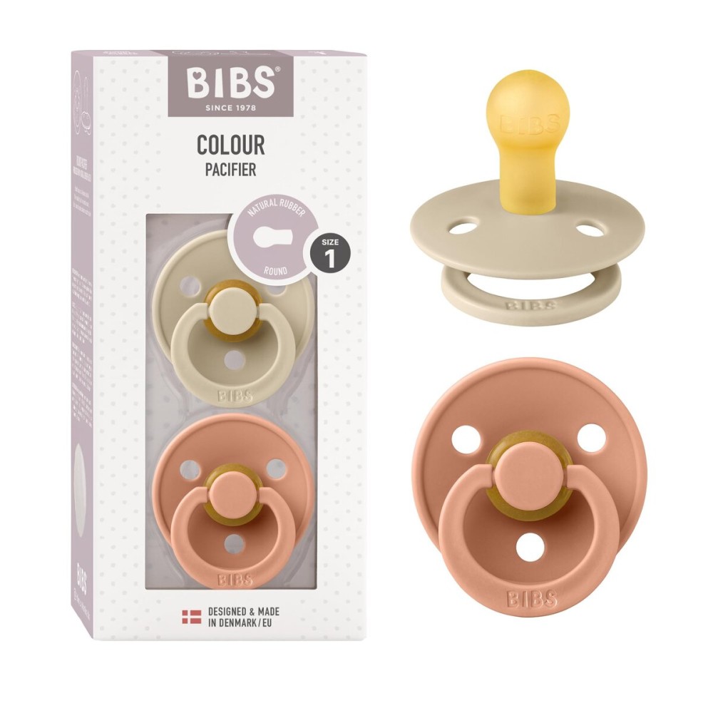 BIBS Pacifiers Colour Collection | Natural Rubber Baby Pacifier | Set of 2 BPA-Free Soothers | Made in Denmark | 6+ Months (Pack of 2) | Vanilla/Peach