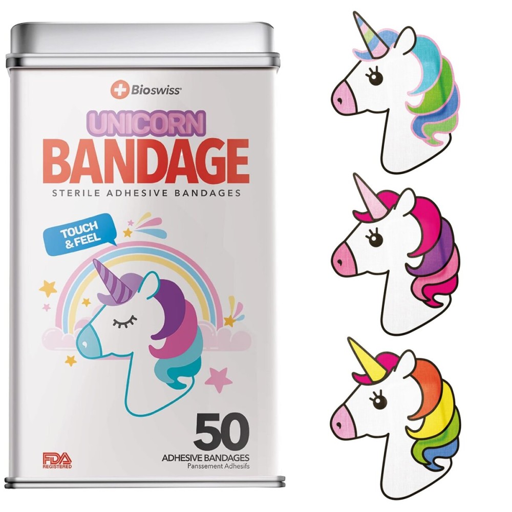 BioSwiss Bandages, Unicorn Shaped Self Adhesive Bandage Set, Latex Free, Sterile Wound Care, 50 Count