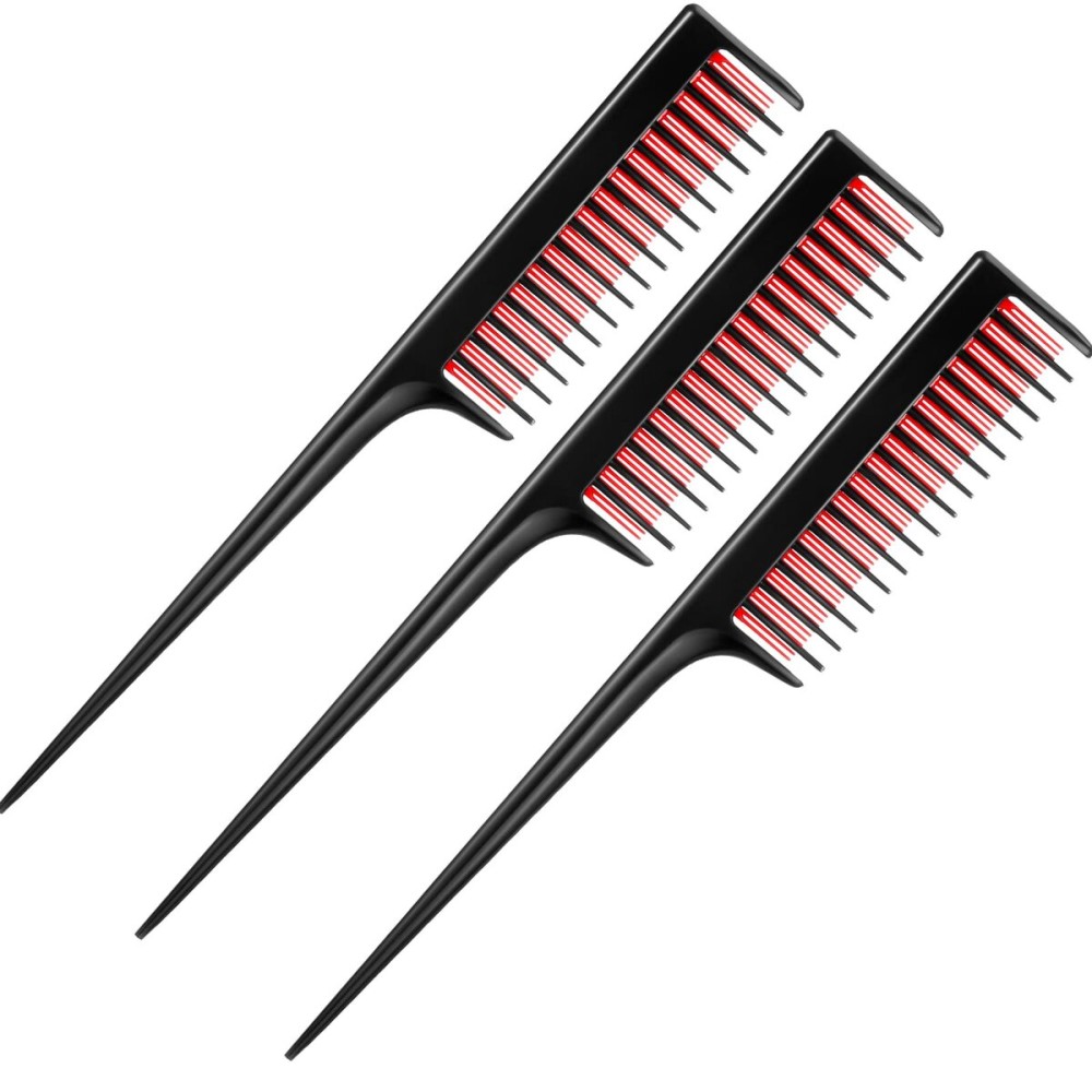 Leinuosen 3 Pcs Triple Teasing Comb for Women Plastic Rat Tail Comb Heat Resistant Pintail Tease Layer Tool for Thick Fine Hair Styling Backcombing Volume Structure(Black and Red)