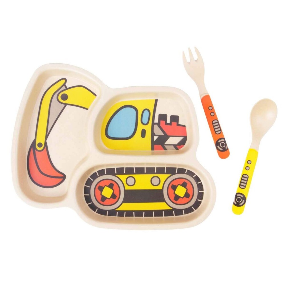 Lightening Kids Plates - 3-Piece Bamboo Toddler Plates Dinnerware Set - Divided Plate, Baby Spoon & Fork - Teaches Portion Control