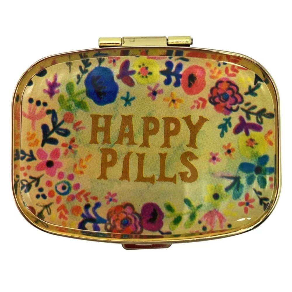 Happy Pills Pill Organizer Cute Metal Pill Case Travel Friendly Portable Compact Pill Box Pill Container to Hold Tylenol/Vitamins/Fish Oil/Supplements/Meds/Tablet for Purse/Pocket