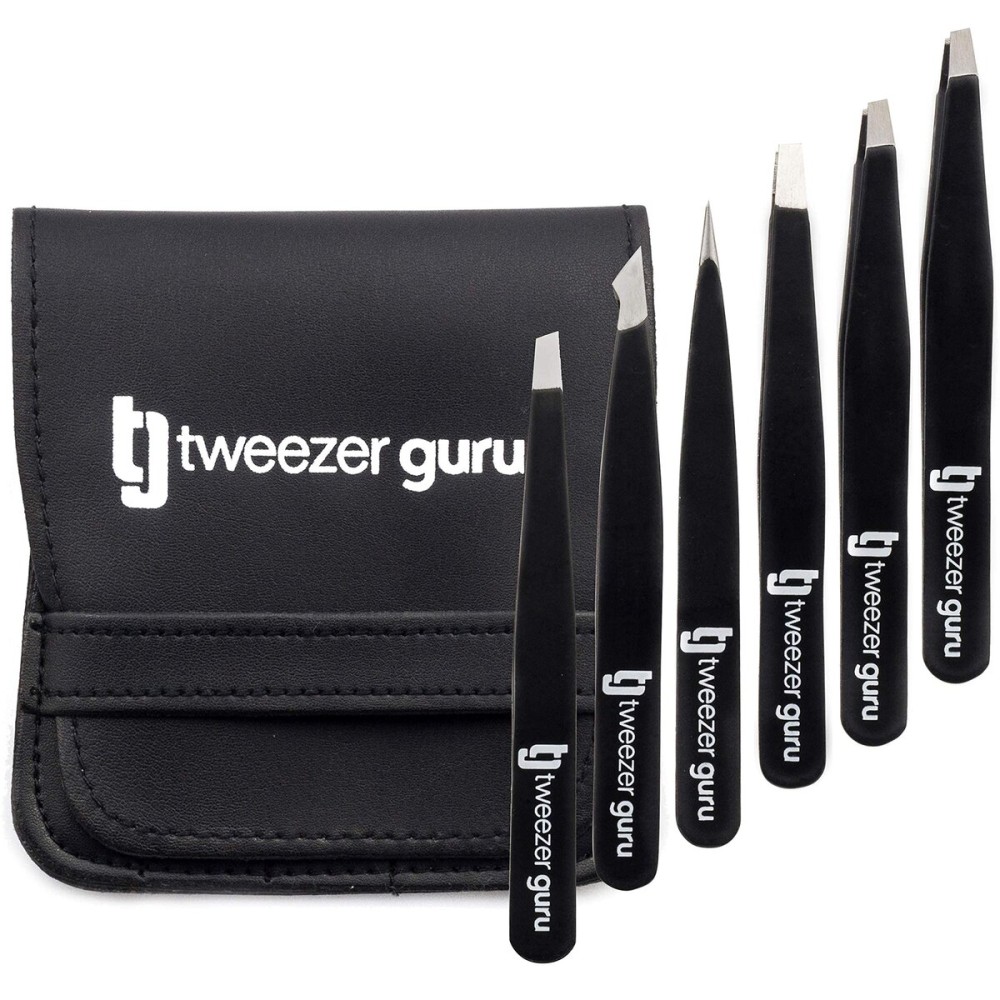 Tweezer Guru Eyebrow Tweezer Set for Women & Men - Professional Slant and Pointed Tweezers Set with Case - Precision Tweezers Kit for Facial Hair, Splinter and Ingrown Hair Removal (6 Pack)