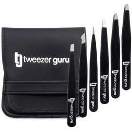 Tweezer Guru Eyebrow Tweezer Set for Women & Men - Professional Slant and Pointed Tweezers Set with Case - Precision Tweezers Kit for Facial Hair, Splinter and Ingrown Hair Removal (6 Pack)