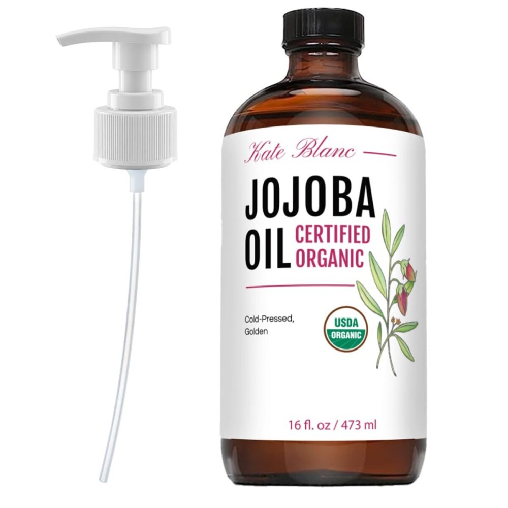 Kate Blanc Cosmetics Organic Jojoba Oil for Hair, Skin & Face (16oz, 100% Pure, Cold Pressed, Natural, Hexane Free, Glass Bottle)
