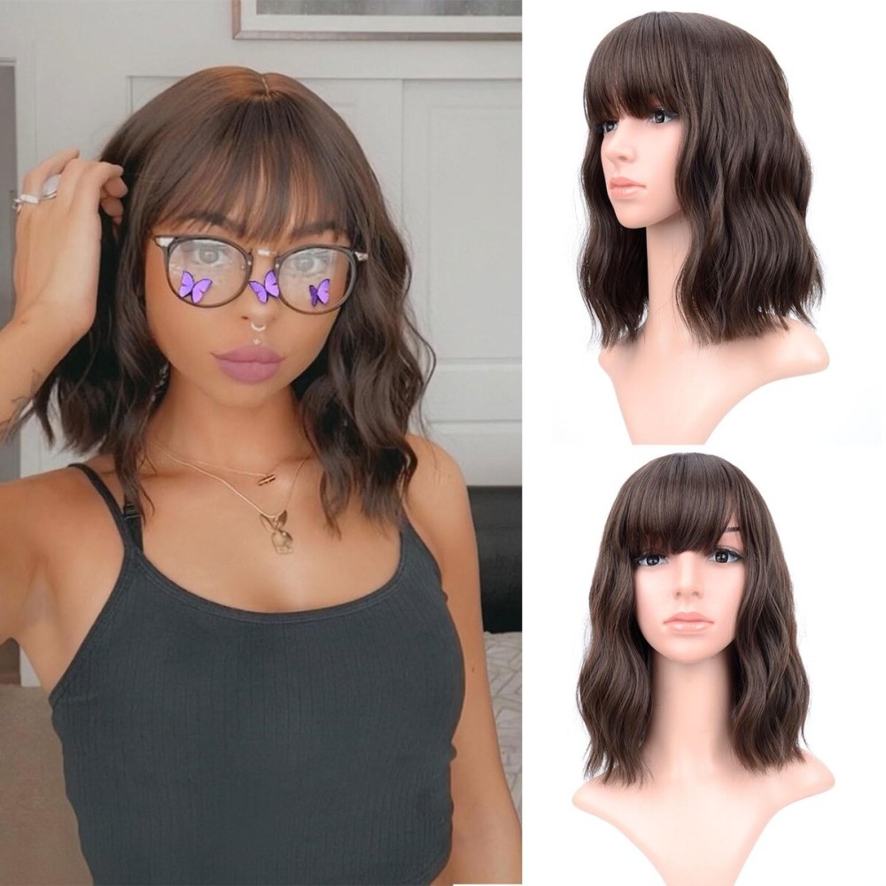 VCKOVCKO Short WaveWigs Natural Brown Wig With Air Bangs Women\'s Shoulder Length Curly Wavy Synthetic Cosplay Wig for Girl Colorful Wigs(12, Natural Brown)