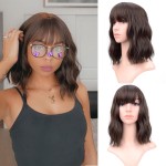 VCKOVCKO Short WaveWigs Natural Brown Wig With Air Bangs Women\'s Shoulder Length Curly Wavy Synthetic Cosplay Wig for Girl Colorful Wigs(12, Natural Brown)