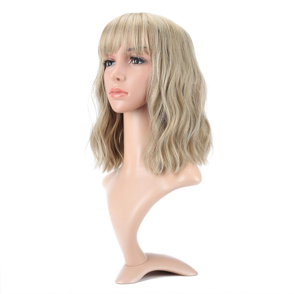 VCKOVCKO Natural Blonde Wigs With Air Bangs for Women Women\'s Shoulder Length Curly Wavy Synthetic blonde wig with bang Wigs Blonde Wig for White Women Girls (12, Mix Blonde)