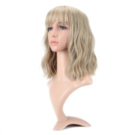 VCKOVCKO Natural Blonde Wigs With Air Bangs for Women Women\'s Shoulder Length Curly Wavy Synthetic blonde wig with bang Wigs Blonde Wig for White Women Girls (12, Mix Blonde)