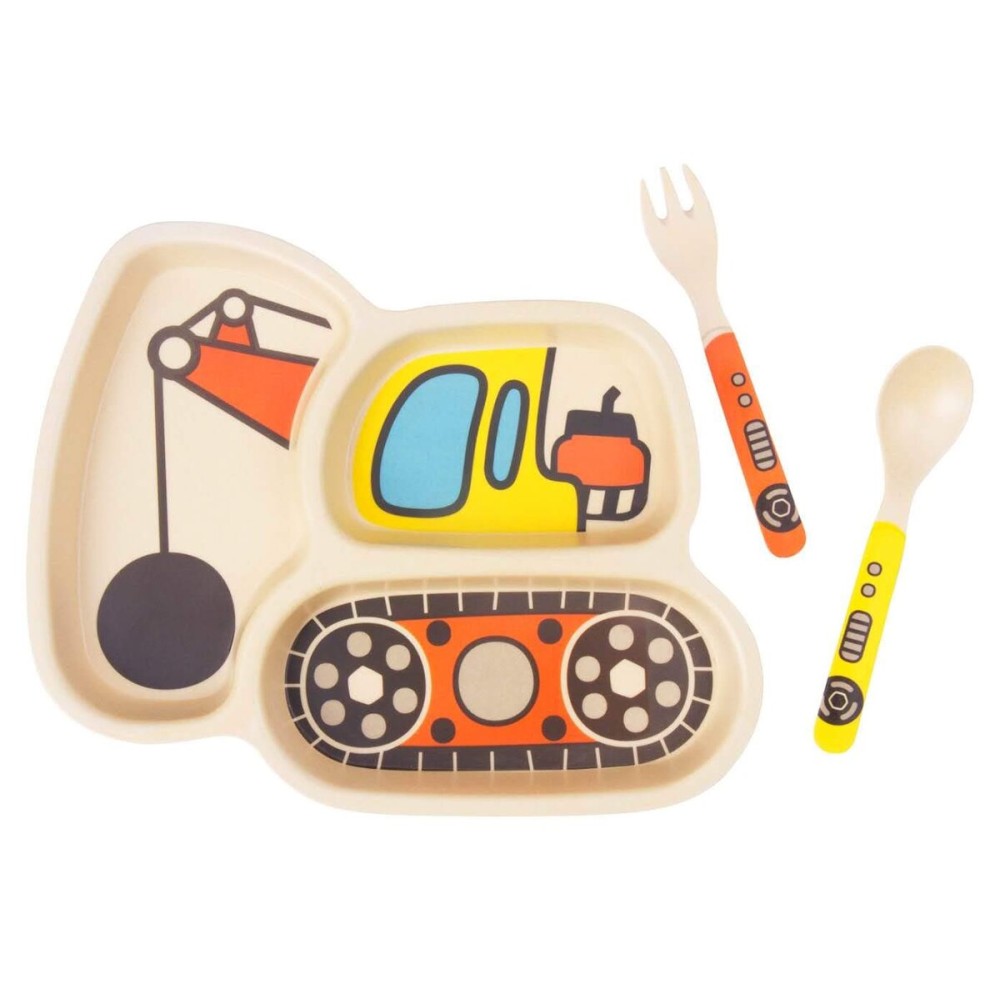 Kid Plate Set Bamboo Toddler Plates Dinnerware Dinner Dish Set Baby Feeding Spill Proof Divided Plate - Baby Spoon and fork 3-Piece Set for Kids and Toddlers Teaches Child Portion Control