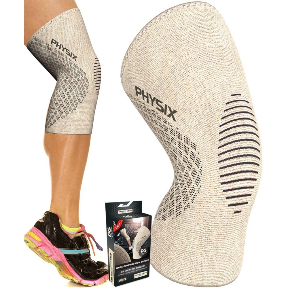 PHYSIX GEAR Knee Support Brace - Premium Recovery & Compression Sleeve for Meniscus Tear, ACL, MCL Running & Arthritis - Best Neoprene Stabilizer Wrap for Crossfit, Squats & Workouts (Single Beige L)
