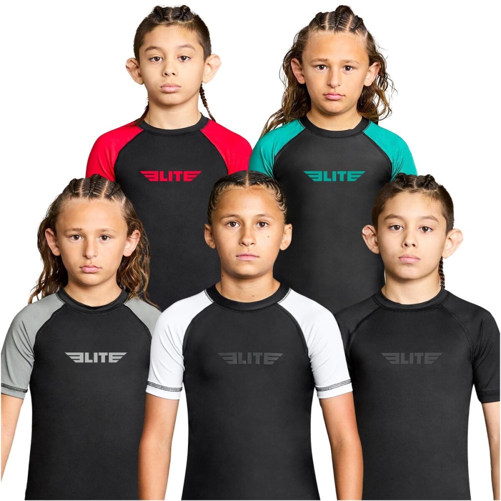 Elite Sports Kids Jiu Jitsu BJJ Rash Guard, Short Half Sleeve Compression Shirt for Youth Boys Girls Sports Nogi Training Red