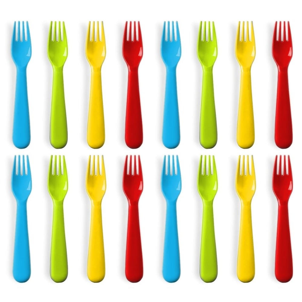 Plaskidy Plastic Toddler Forks - Set of 16 BPA Free/Dishwasher Safe Kids Utensils Brightly Colored Flatware Great for Kids