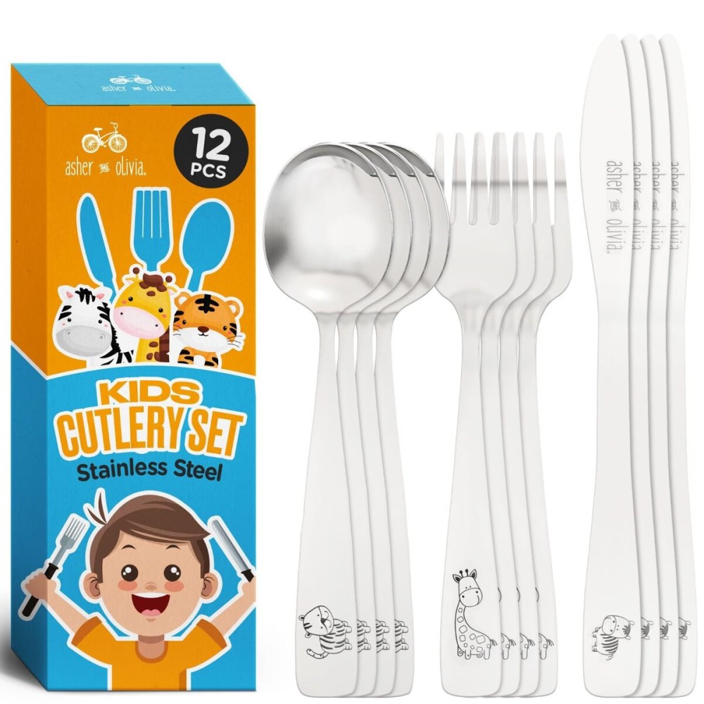 Kids Utensils Silverware Set -12-Piece Toddler Silverware Includes 4 Forks 4 Spoons and 4 Kid-Friendly Knives - Cutlery Metal Flatware Set for Preschooler Baby Child