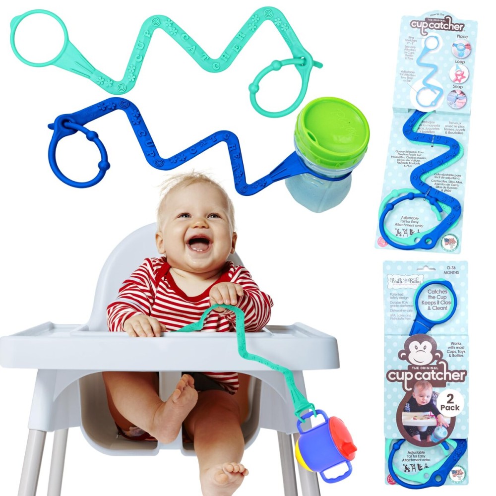 Brilli Baby Cup Catcher Patented Safety Tether Strap, Attach Sippy Cups, Bottles, Pacifiers & More to Stroller, High Chair, Car Seat, Made in USA, Food Grade, Dishwasher Safe (Aqua & Navy)