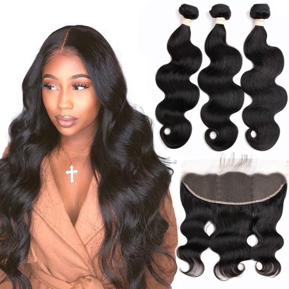 Beauhair Body Wave Bundles With Frontal - 9A Grade Brazilian Virgin Human Hair - Ear to Ear Lace Frontal (16 18 20+16 Frontal, Natural Color)