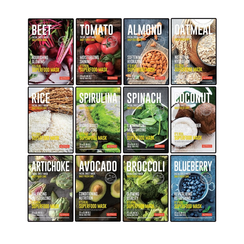 DERMAL Super Food Face Masks Skincare- 12 Pack Facial Sheet Mask for a Glowing Refreshing Skin- Moisturizing Sheet Masks for Face Enriched with Natural Ingredients for All Skin Types