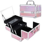FRENESSA Makeup Train Case Makeup Box Organizer Portable Cosmetic Travel Case Makeup Case with Mirror Locking Make Up Cases Organizers and Storage for Nail Supplies Hard Cosmetic Box Shiny Pink