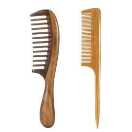 Louise Maelys 2pcs Wooden Wide Tooth Hair Comb Sandalwood Tail Combs for Curly Thick Hair Styling