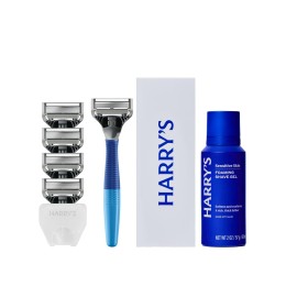 Harry\'s Original Shaving Kit for Men - Razor Handle, 5 Razor Blade Refills, Foaming Shave Gel, and Travel Blade Cover - Ocean Blue