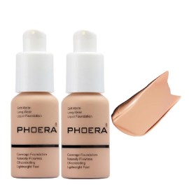 2 Pack PHOERA Foundation,Full Coverage Concealer Flawless Soft Matte 24HR Oil Control Liquid Foundation Makeup .(104 Buff Beige