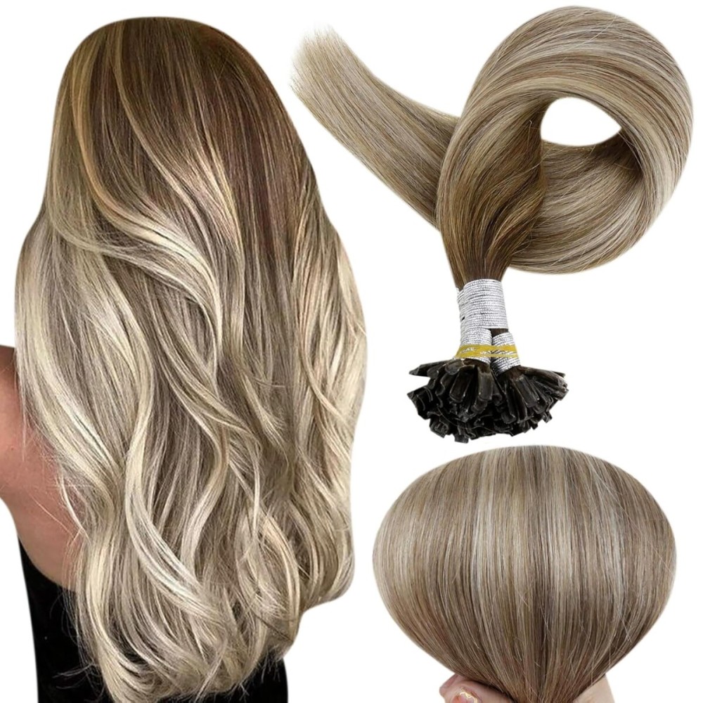 Full Shine U Tip Hair Extensions Human Hair 22 Inch Natural Human hair Extension Balayage Brown Fading to Blonde Highlighted Brown Natural Fusion Hair Keratin Extensions 50 Grams