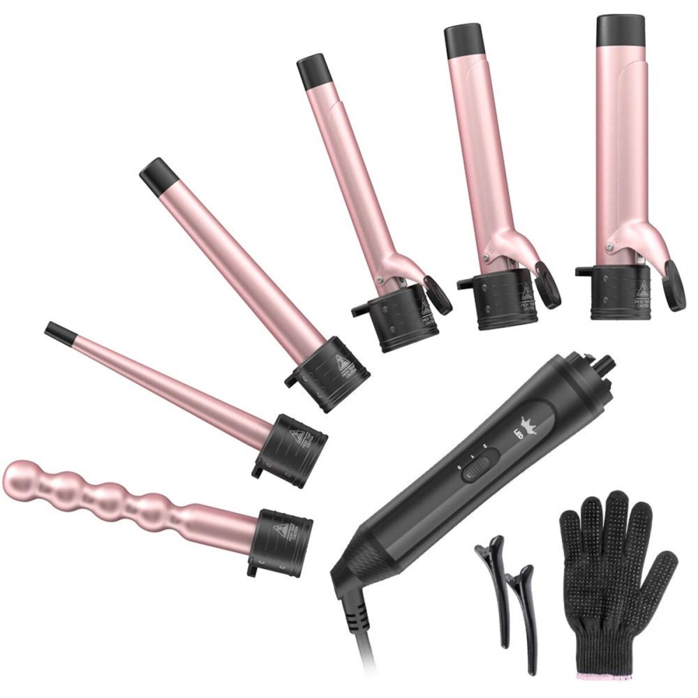 6-in-1 Curling Iron, Professional Instant Heat Up Hair Curling Wand Set with 6 Interchangeable Ceramic Barrels (0.35\'\' to 1.25\'\') and 2 Temperature Adjustments, Heat Protective Glove & 2 Clips