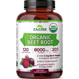 Zazzee USDA Organic Beet Root 8000 mg Strength 20:1 Extract, 120 Vegan Quick Release Capsules, Black Pepper Extract for Enhanced Absorption, Supports Nitric Oxide Production, Non-GMO, Made in The USA