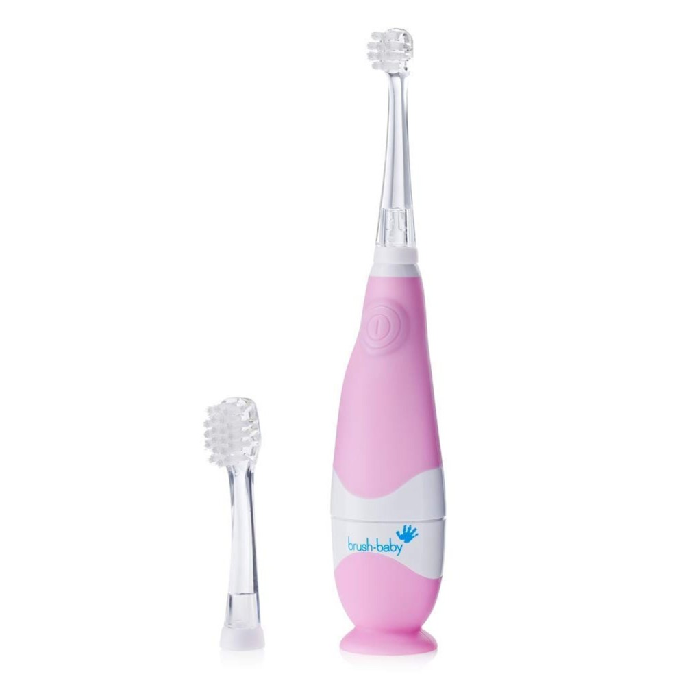 brush-baby BabySonic Infant and Toddler Electric Toothbrush for Ages 0-3 Years - Smart LED Timer and Gentle Vibration Provide a Fun Brushing Experience - Includes 2 Sensitive Brush Heads (Pink)