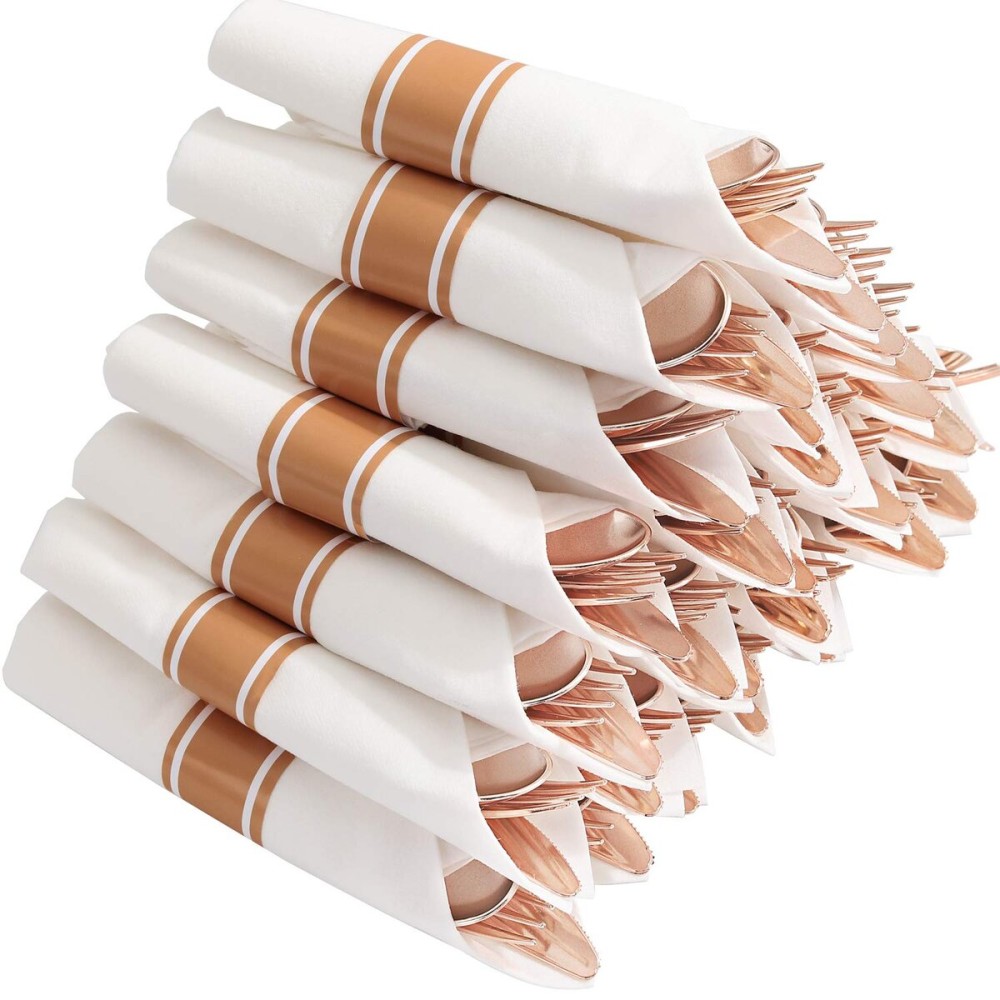 Supernal Set of 30packs,Rose Gold Plastic Silverware, Pre Rolled Napkin with Cutlery, Disposable Silverware with Rose Gold Linen Napkin, Wrapped Plastic Silverware Set Suit for Party,Wedding