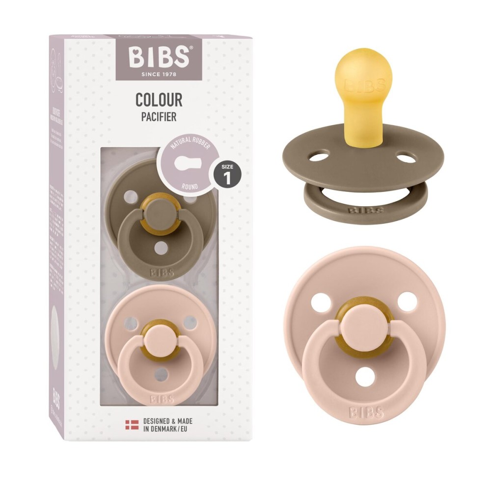 BIBS Pacifiers Colour Collection | Natural Rubber Baby Pacifier | Set of 2 BPA-Free Soothers | Made in Denmark | 0+ Months (Pack of 2) | Blush/Dark Oak