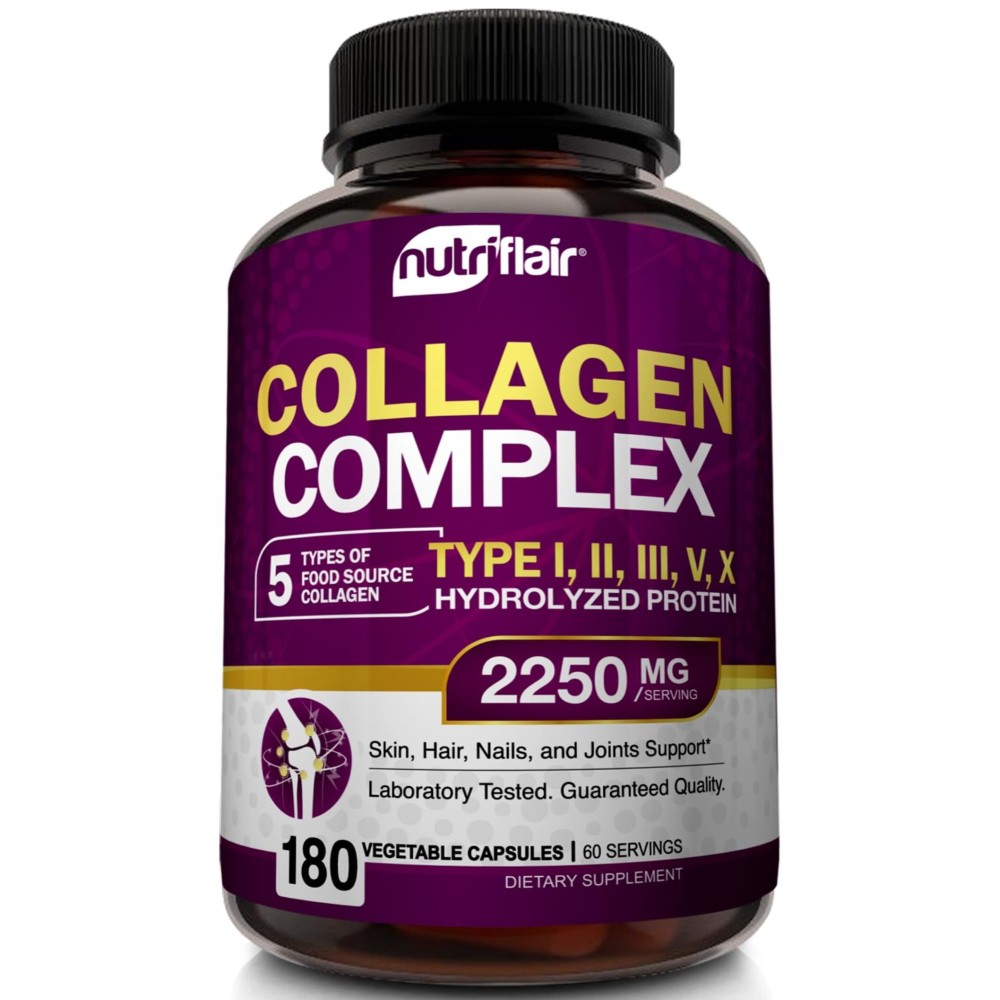 NutriFlair Multi Collagen Peptides 2250mg - Type I, II, III, V, X - Collagen Supplements Complex Powder Pills for Women and Men - Hydrolyzed Protein, Healthy Hair, Skin, Nails - Non-GMO (180 Capsules)
