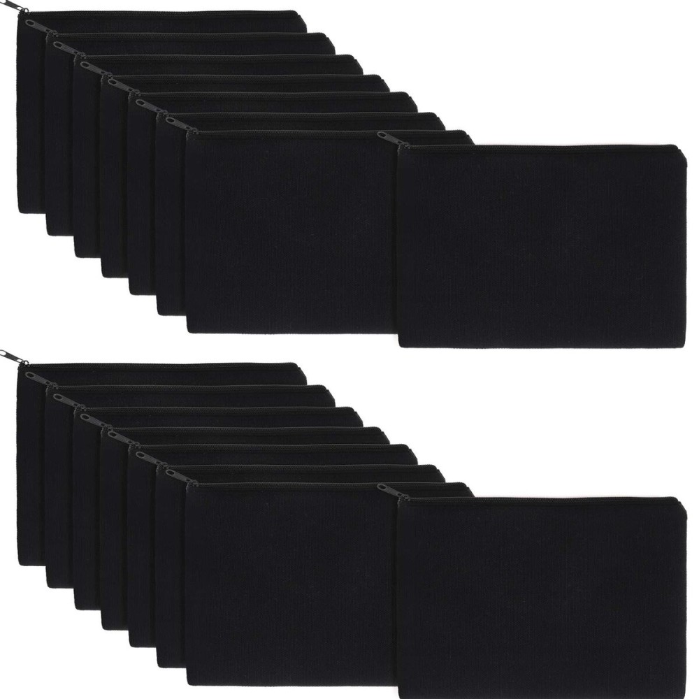 meekoo 16 Pack Canvas Blank Cosmetics Bags Plain Zipper Makeup Pouch Sublimation DIY Craft Multipurpose Toiletry Bag for Makeup Travel Cosmetic Stationary Storage(M,Black)