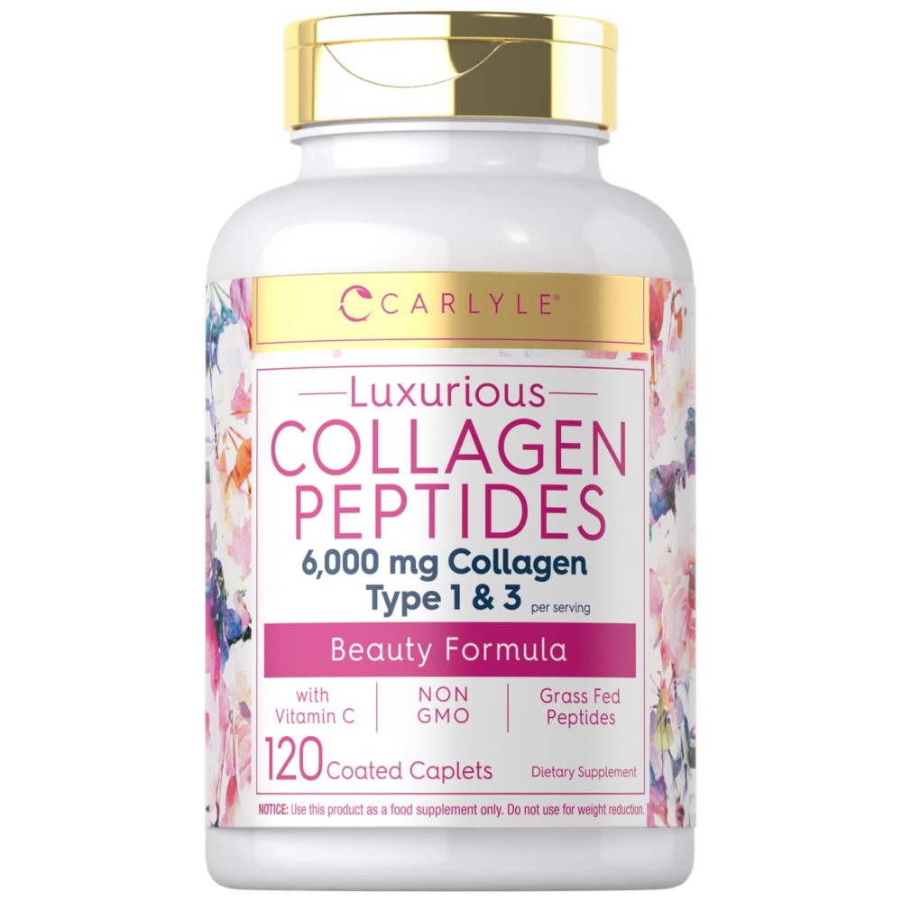 Carlyle Collagen Peptides with Vitamin C | 6000mg | 120 Caplets | Grass Fed Type II & III | Beauty Formula | Non-GMO, Gluten Free Supplement