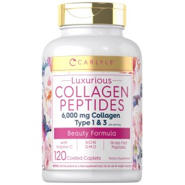 Carlyle Collagen Peptides with Vitamin C | 6000mg | 120 Caplets | Grass Fed Type II & III | Beauty Formula | Non-GMO, Gluten Free Supplement