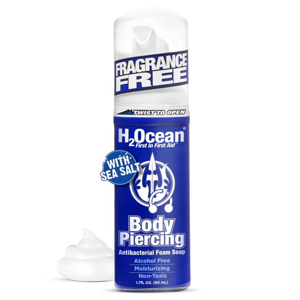H2Ocean Body Piercing Foam Soap - Organic Sea Salt Aftercare with Aloe Vera, Alcohol-Free, Unscented, Vegan & Gentle Cleansing Tattoo and Piercing Soap for Healing & Moisturizing - 1.7oz