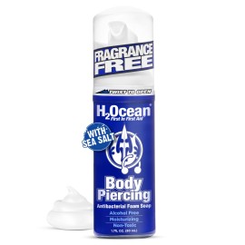H2Ocean Body Piercing Foam Soap - Organic Sea Salt Aftercare with Aloe Vera, Alcohol-Free, Unscented, Vegan & Gentle Cleansing Tattoo and Piercing Soap for Healing & Moisturizing - 1.7oz