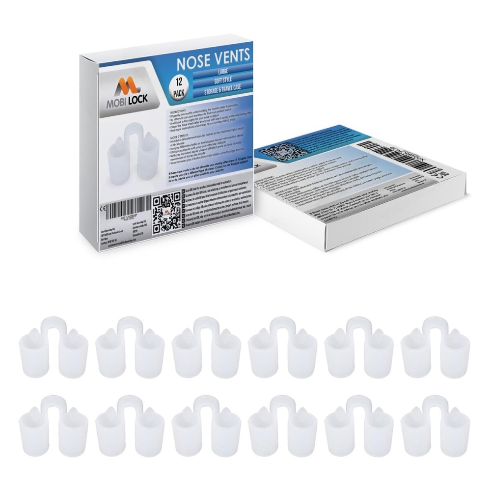 Nose Vent Sinus Relief Dilator (Pack of 12 Large Size) Soft Vents - A Simple Solution for Nasal Snorers - Reusable Snoring Device to enjoy a peaceful night\'s sleep - by Mobi Lock