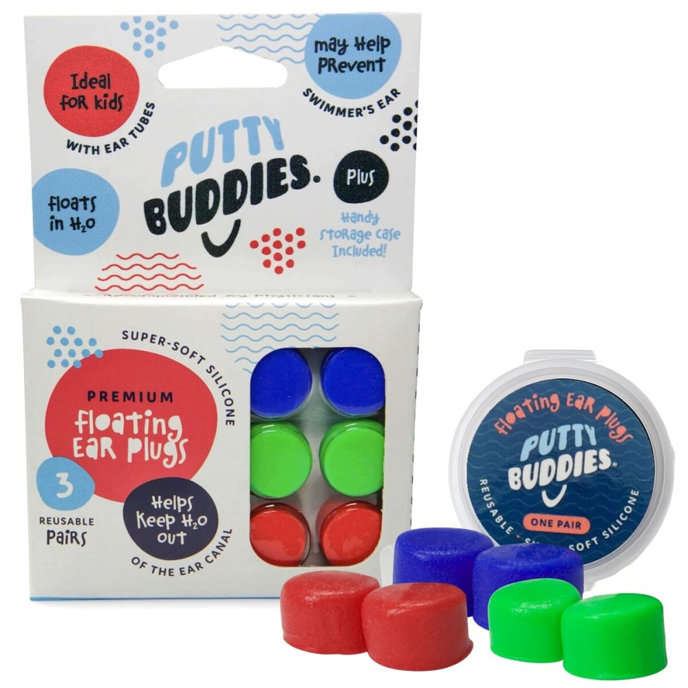 Earvolution Floating Putty Buddies Ear Plugs for Swimming - Invented by an Ear Physician - Moldable, Premium, Silicone - Floats on Water - Waterproof - Made in The USA - 3 Pack - Blue/Red/Green
