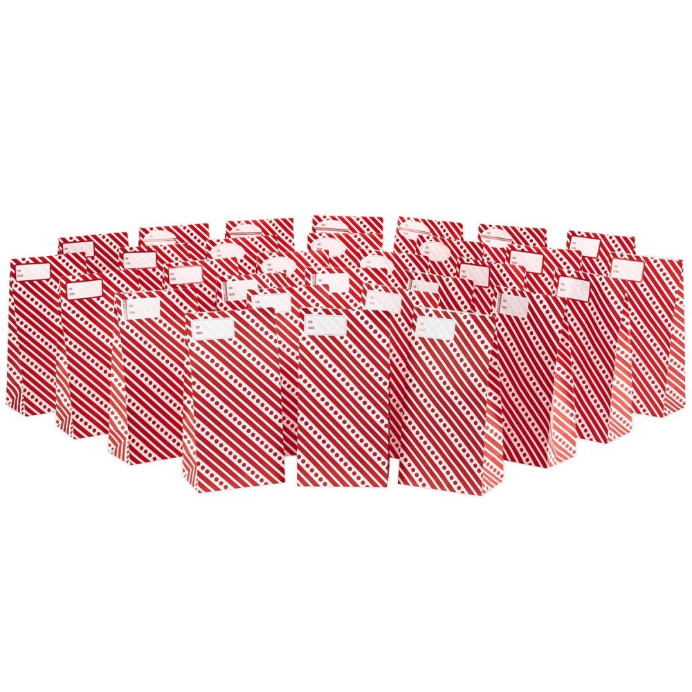 Hallmark Red and White Stripe Party Favor and Wrapped Treat Bags with Gift Tag Stickers (30 Bags, 30 Labels) for Christmas, Valentines Day, Birthdays, May Day, Care Packages and More