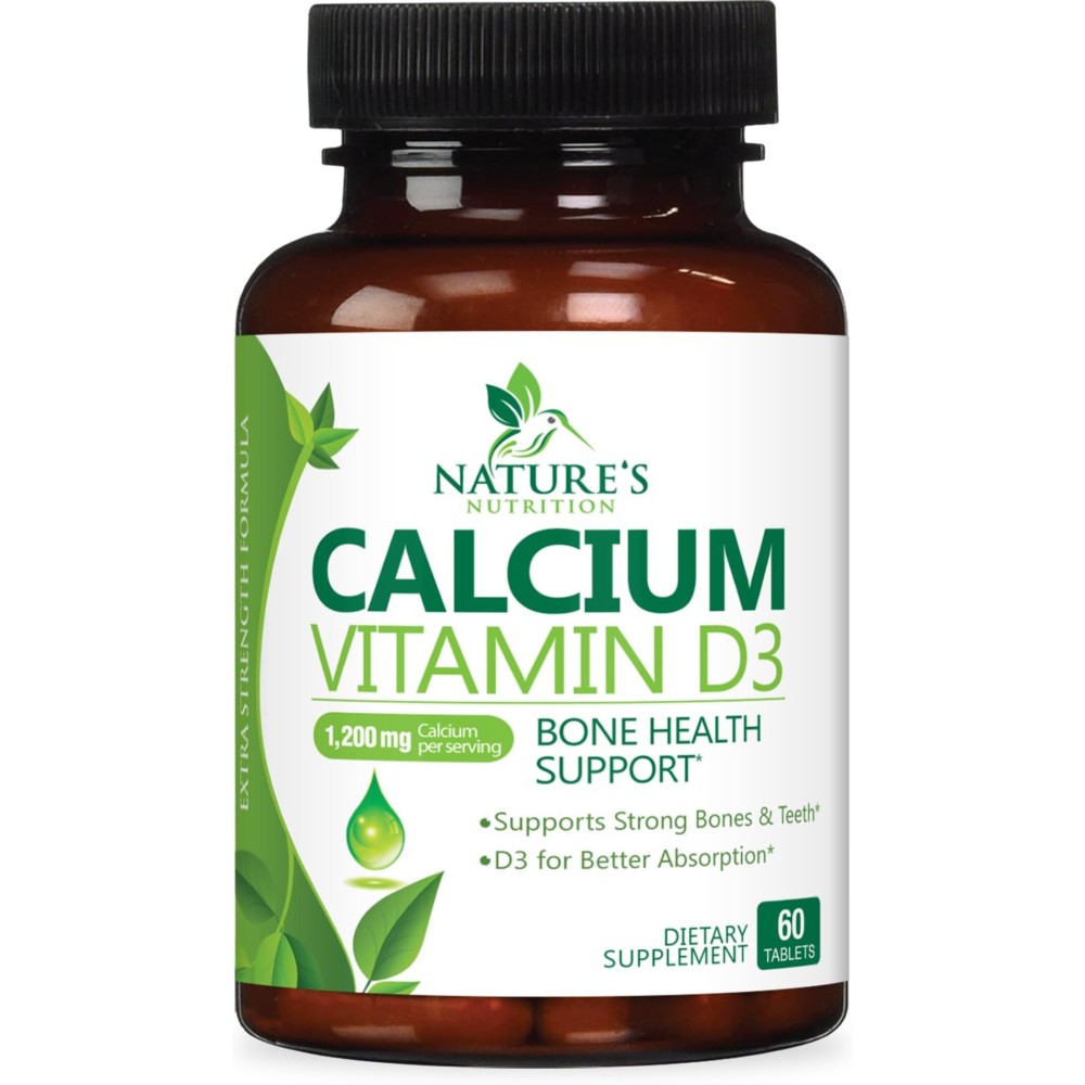 Calcium Supplement 1200 mg - with Vitamin D3 for Best Absorption - Supports Immune Health, Bones & Teeth - Nature\'s Calcium Carbonate + 1600 IU of D3 - Bottled in USA for Women & Men - 60 Tablets