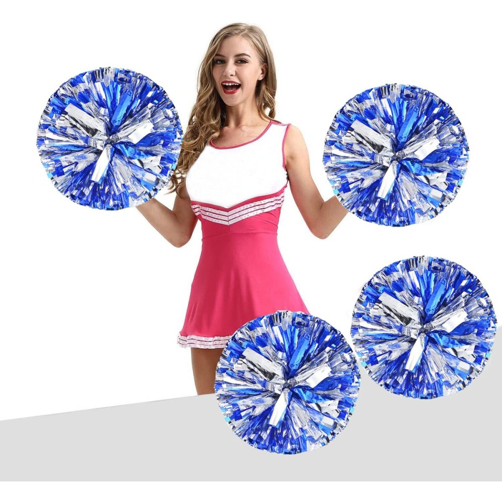 Ueerdand Pack of 4 Cheerleading Pom Poms Foil Plastic Metallic Cheerleader Pom Poms for Cheer Sport Kids Adults Team Spirit Cheering (Blue/Silver)