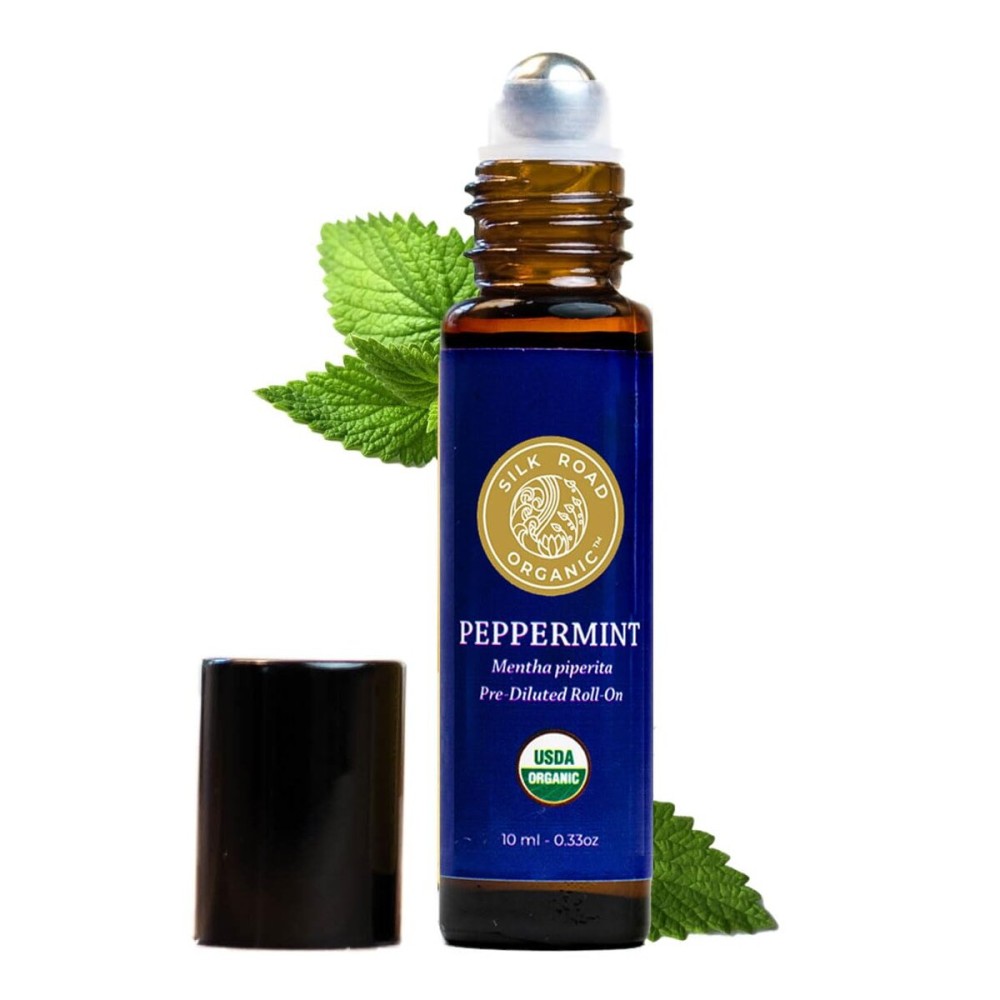 Silk Road Organic Peppermint Essential Oil Roll On, USDA Certified, for Morning Sickness, Motion Sickness & Nausea - 10 ml Aromatherapy Roller