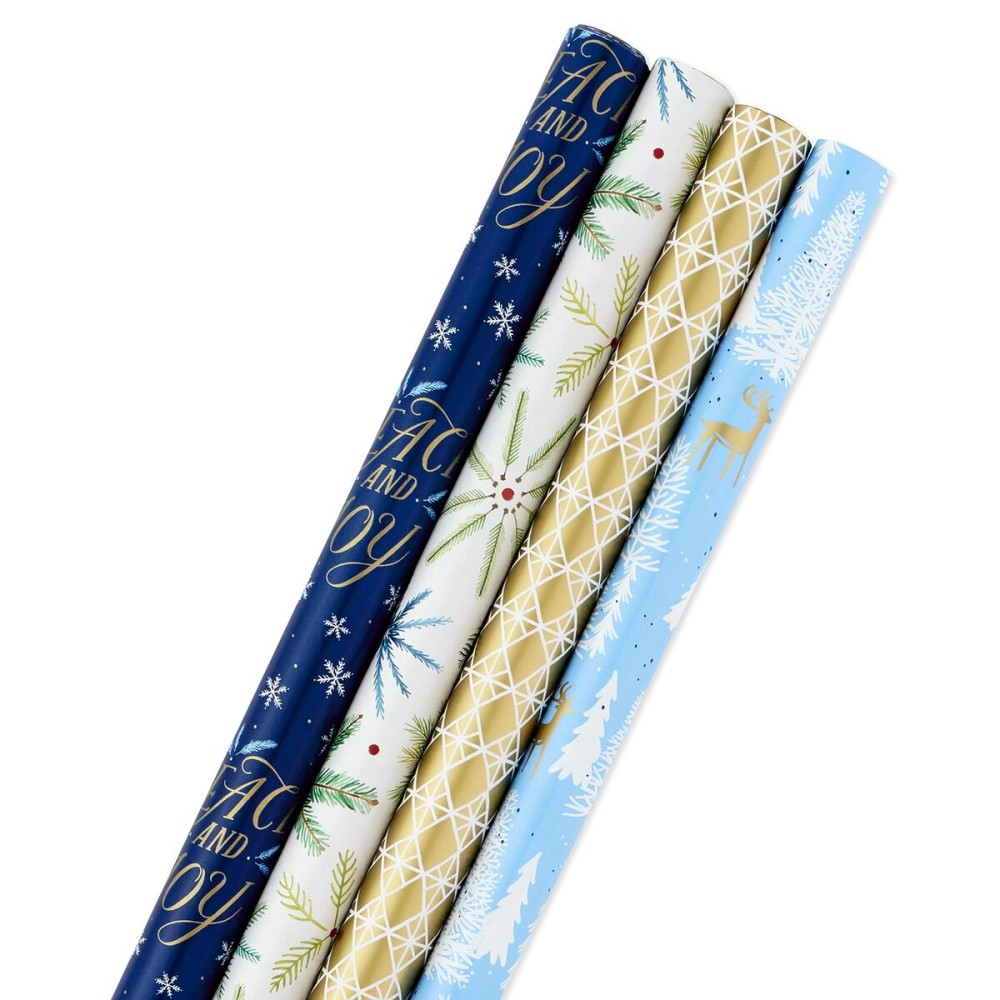 Hallmark Holiday Wrapping Paper Bundle with Cut Lines on Reverse, Elegant Woodland (Pack of 4, 120 sq. ft. TTL) Peace and Joy, Deer, Pinecones, Snowflakes, Blue, Gold